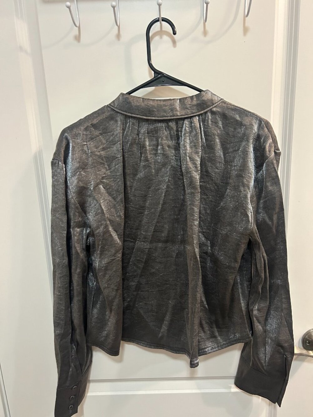 Pilcro Metallic Charcoal Satin Button-Down Shirt - Women Tops - Picture 7 of 11